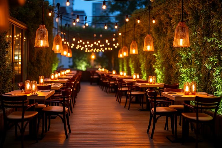 Iluminación ambiental para restaurante al aire libre en Medellín