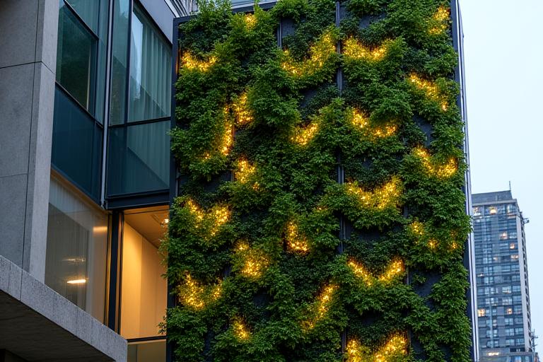 Jardín vertical urbano con integración de iluminación